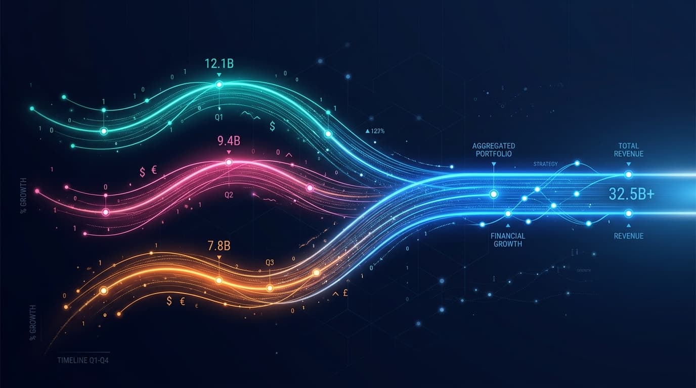 Illustration: drei Plattform-Einnahmequellen werden zu einem kombinierten Umsatzstrom zusammengeführt