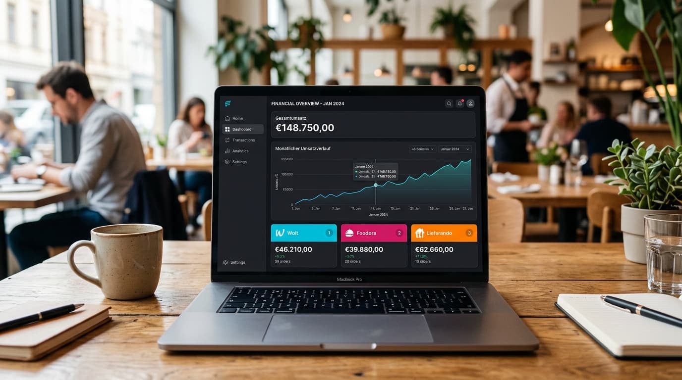 Delivery Revenue Dashboard mit zusammengeführter Gesamtsumme und Aufschlüsselung nach Wolt, Foodora und Lieferando